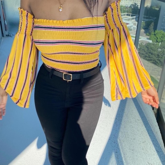 Tops - Yellow Striped Off-Shoulder Bell Sleeve Crop Top